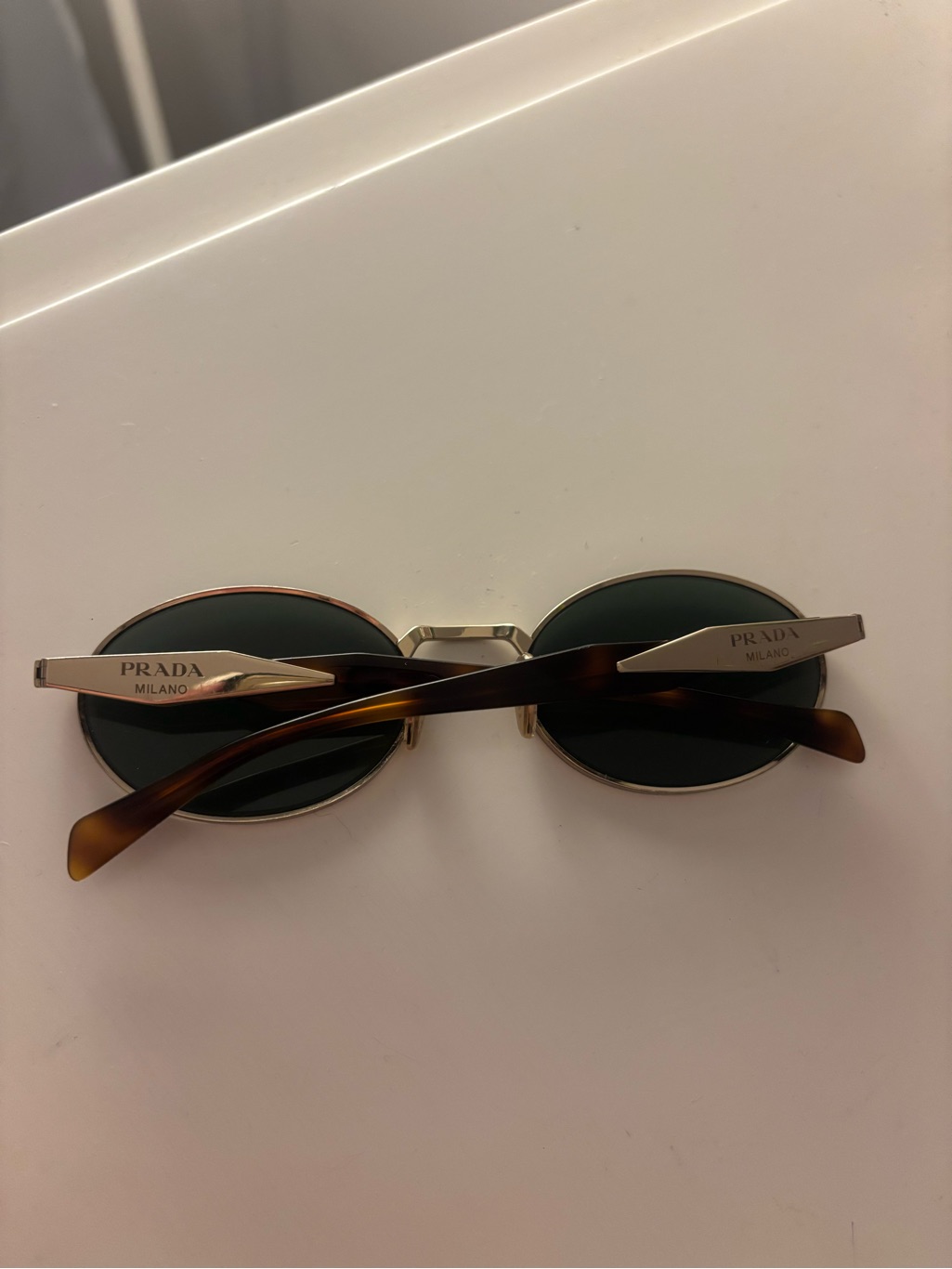 Prada Gold Frame Sunglasses With Dark Green Lenses And Tortoiseshell Temples